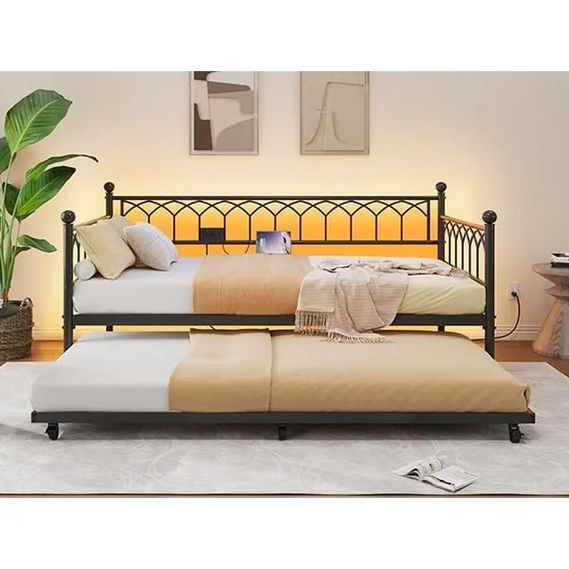 Garvee Daybed with Trundle Twin Size, Heavy Duty Metal Platform Sofa Bed Frame with Charging Station and LED Lights, Twin Trundle Bed for Small Spaces, Living Room, Bedroom, Apartment,Black