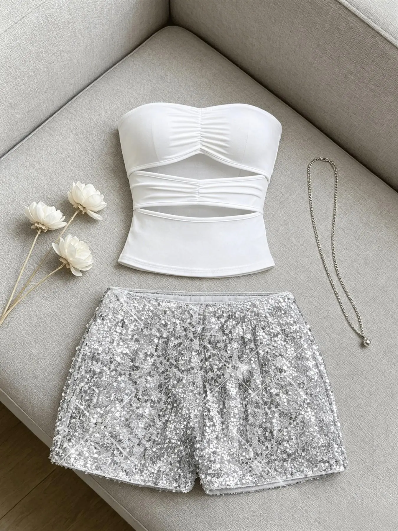 Crop Top Sleeveless Hollow Out Ruched Top + Sequin Shorts Set, Sexy Slimming Party Pure Desire Two-Piece Set, Elegant Loose-Fitting Plain Style, Chic, Clothes