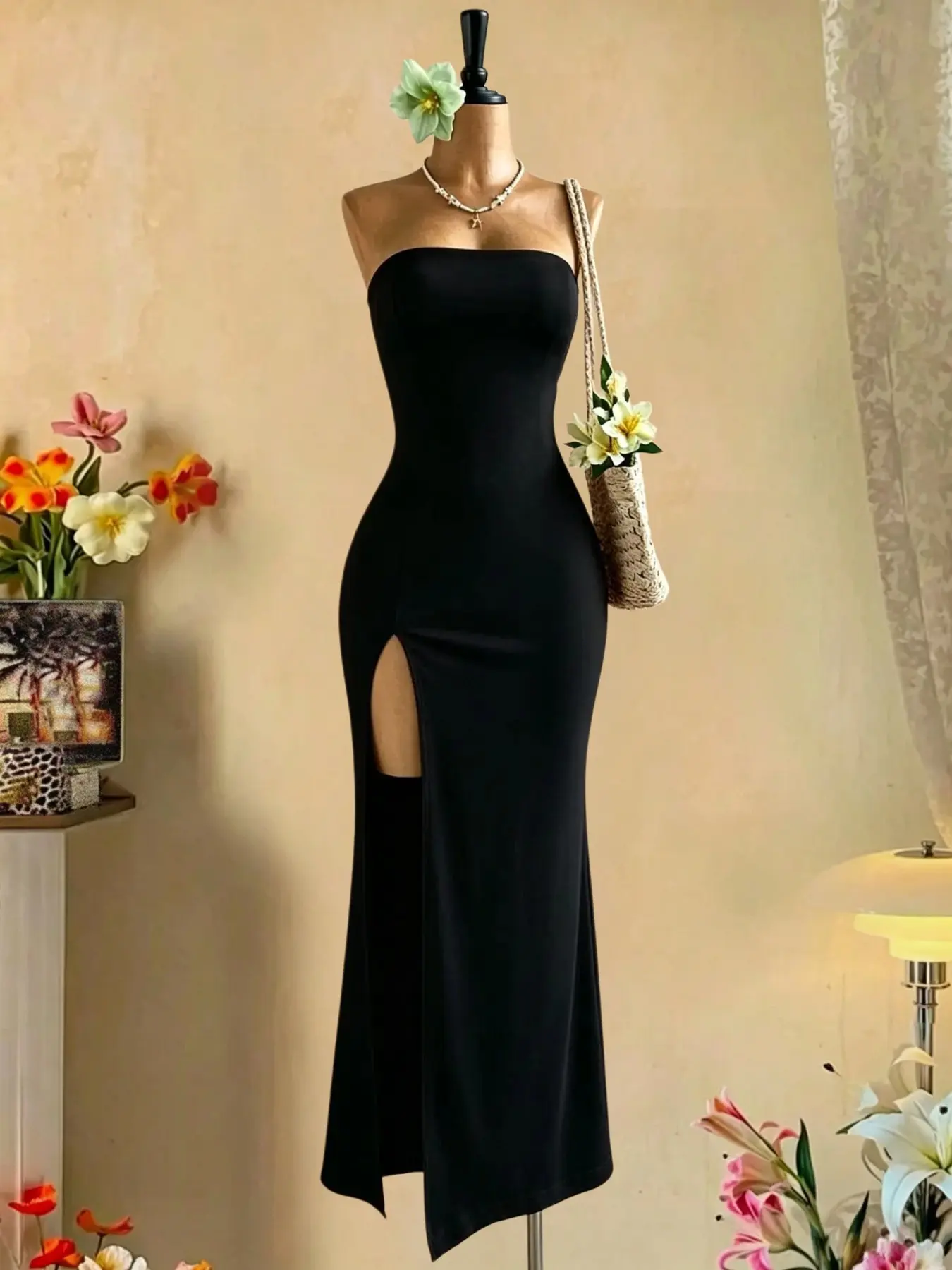 Women's Solid Color Tube Dress, Fashionable Elegance Sexy Sleeveless Split Hem Long Dress for Party Club Dating Wear, Women Dress for Summer
