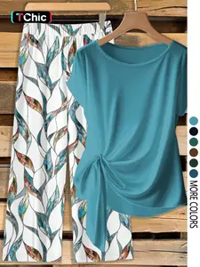 Women's Casual Printed Necktie Shirt and Loose Straight Pants Set, Perfect for Spring and Summer, Comfortable Two-Piece