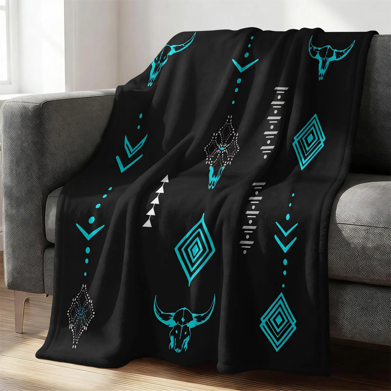 Western Cow Skull Print Flannel Blanket, Aztec Tribal Bull Throw Blanket, Soft Warm Lightweight Cozy, Bohemian Geometric Gift Blanket, Blankets For Sofa, For Sofa Bed Couch Chair Camping Travel All Season