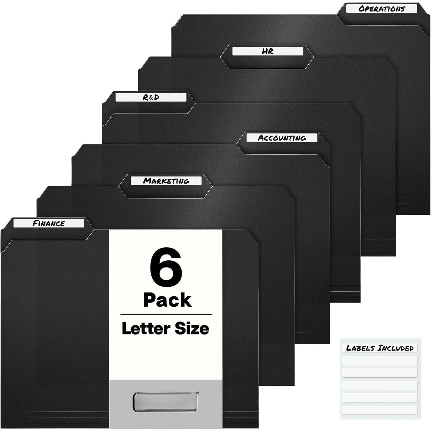 Plastic Black 3-Tab Folders, (6 Pack), Sturdy 1/3 Tab File Folders for 8.5x11 Documents, Plastic Manila Filing Sleeves, Acid-Free Poly, Includes Labels