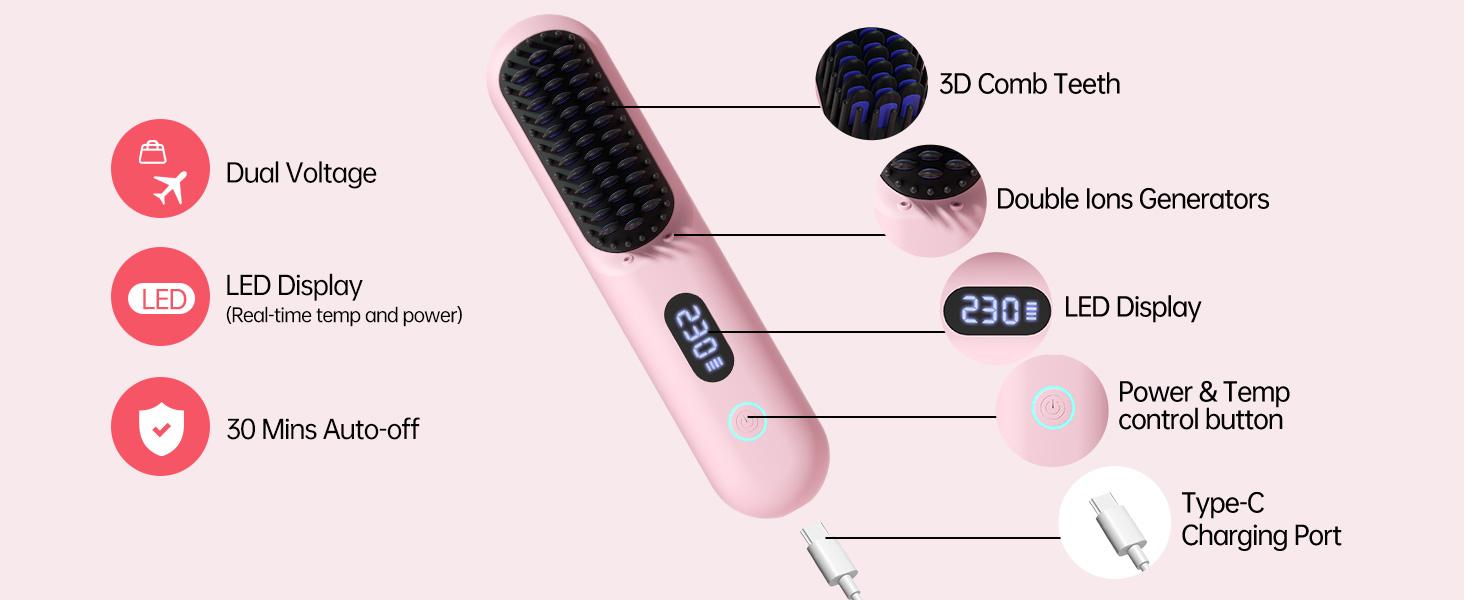 Cordless Hair Straightener Brush - Portable Straightener Brush with 9 Temp Settings, Mini Straightening Comb for Travel, 9600mAh Rechargeable Batt & 224 Million Negative Ions (Pink)