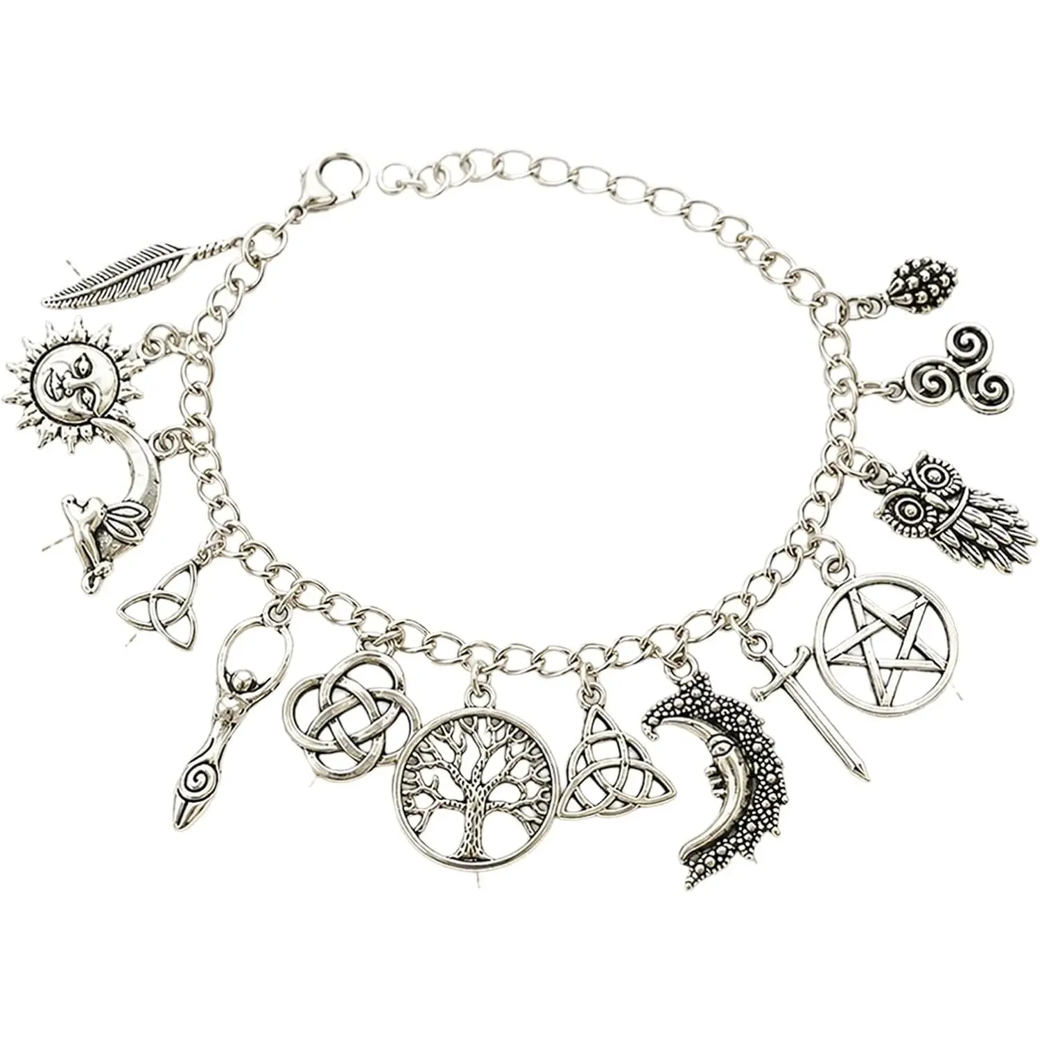 Mythical legend lucky charm bracelet with cross leaf, moon face, Celtic cat, detachable gothic witchcraft style bracelet, featuring moon, Celtic knot, and pentagram, an exquisite gift