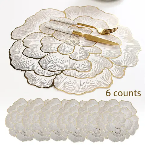 Floral Pattern Placemats, 6 Counts/set Heat-Resistant Non-Slip Dinner Table Mats, Kitchen Decorative Placemat, Kitchen Gadgets, Waterproof Placemat for Home Kitchen, Dining Room or Wedding Party, Valentine's Day Gift, Household Placemat