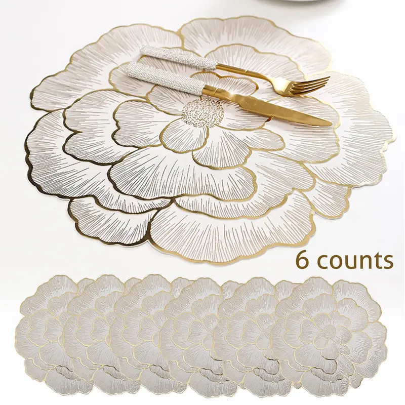 Floral Pattern Placemats, 6 Counts/set Heat-Resistant Non-Slip Dinner Table Mats, Kitchen Decorative Placemat, Kitchen Gadgets, Waterproof Placemat for Home Kitchen, Dining Room or Wedding Party, Valentine's Day Gift, Household Placemat