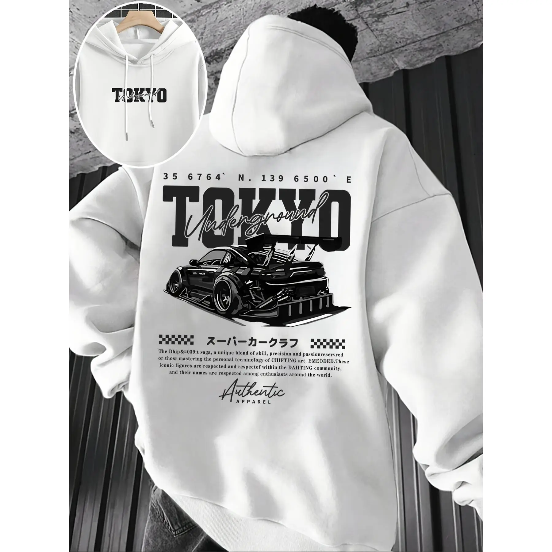 Men's hooded fleece‑lined sweatshirt, hot‑selling autumn‑winter casual hoodie with Tokyo sports car print, ideal for gifting