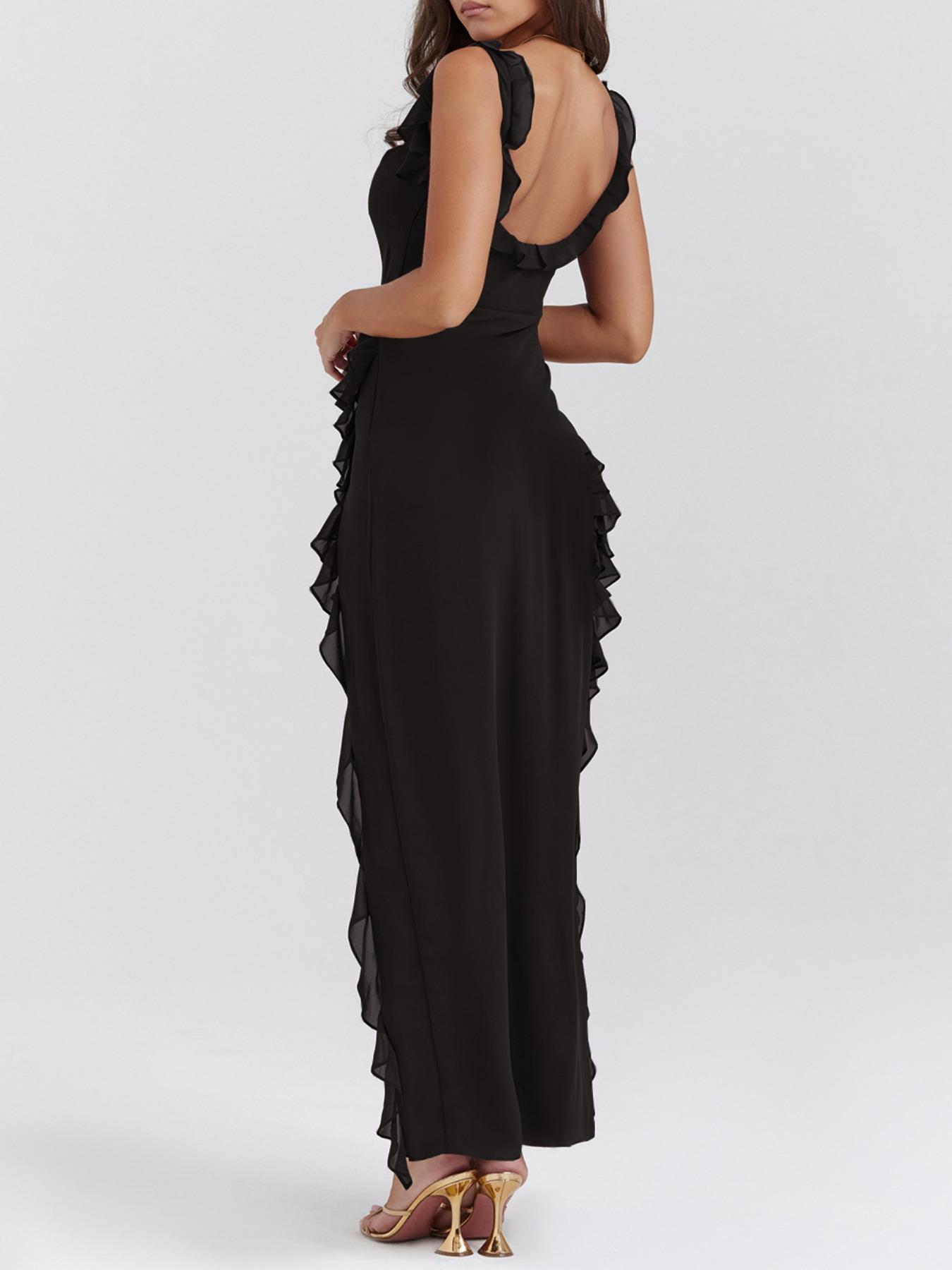 Women's Plain Ruffle Hem Split Thigh Dress, Elegant Slim Sleeveless Long Dress for Party Club Dating Wear, Ladies Summer Clothes