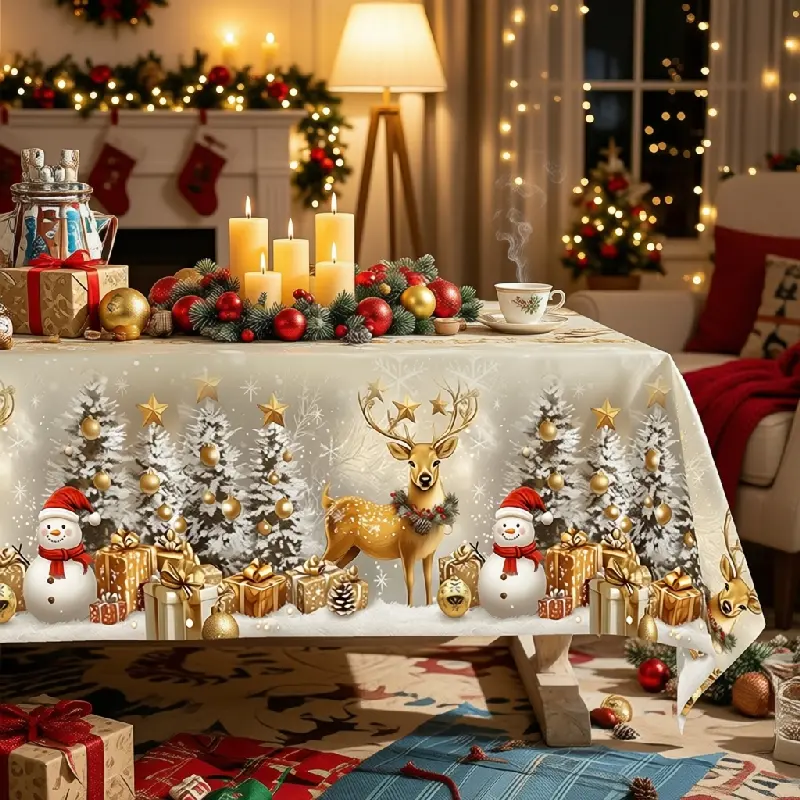 Christmas tablecloth, ivory gold and green, featuring snowmen, trees, deer, candles and winter village scenes, round, rectangular and oval shapes, suitable for holiday dinners, parties, banquets and restaurants, polyester, washable, clearance sale