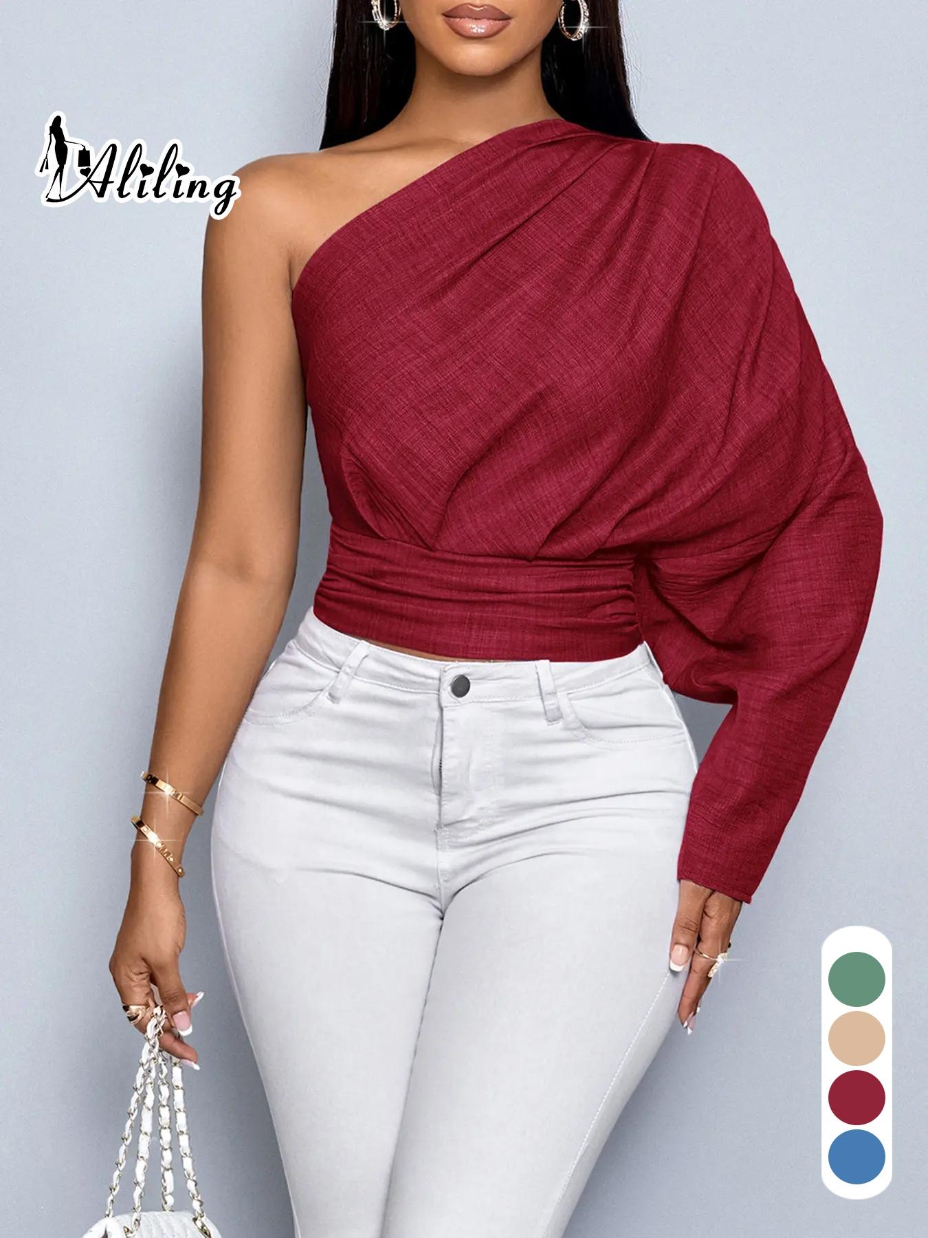 Aliling Sexy Elegant Feminine Women's One-Shoulder Long Sleeve Shirt Blouse Crop Top Slim-Fit Woven Fabric Casual Fashion for Spring or Summer