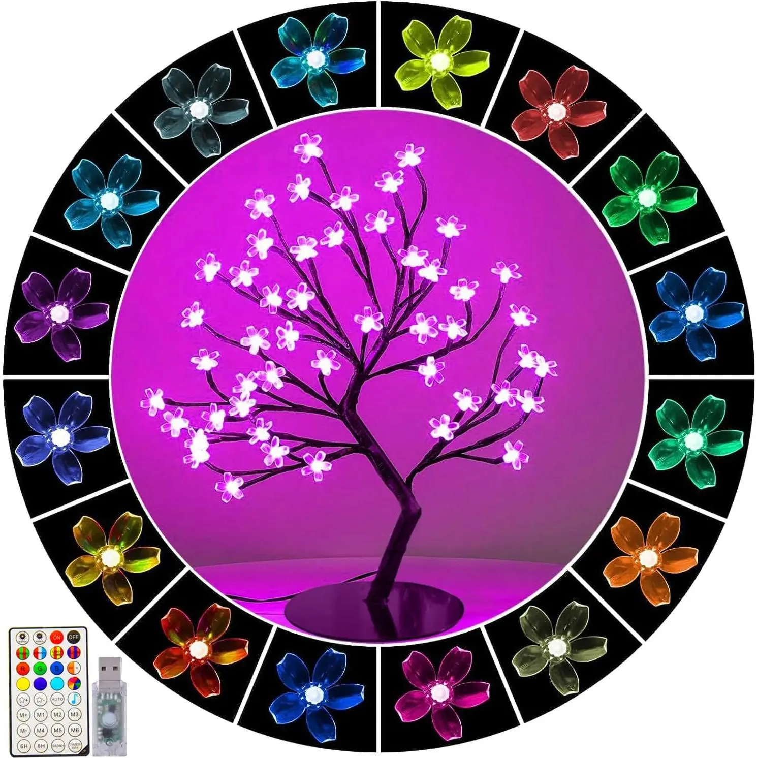 48 LED Cherry Blossom Tree Light, Color-Changing Cherry Flower Lamp,Artificial Bonsai Tree with Remote Lit Centerpieces Christmas Tabletop Night Lights for Halloween Wedding Party  Decor