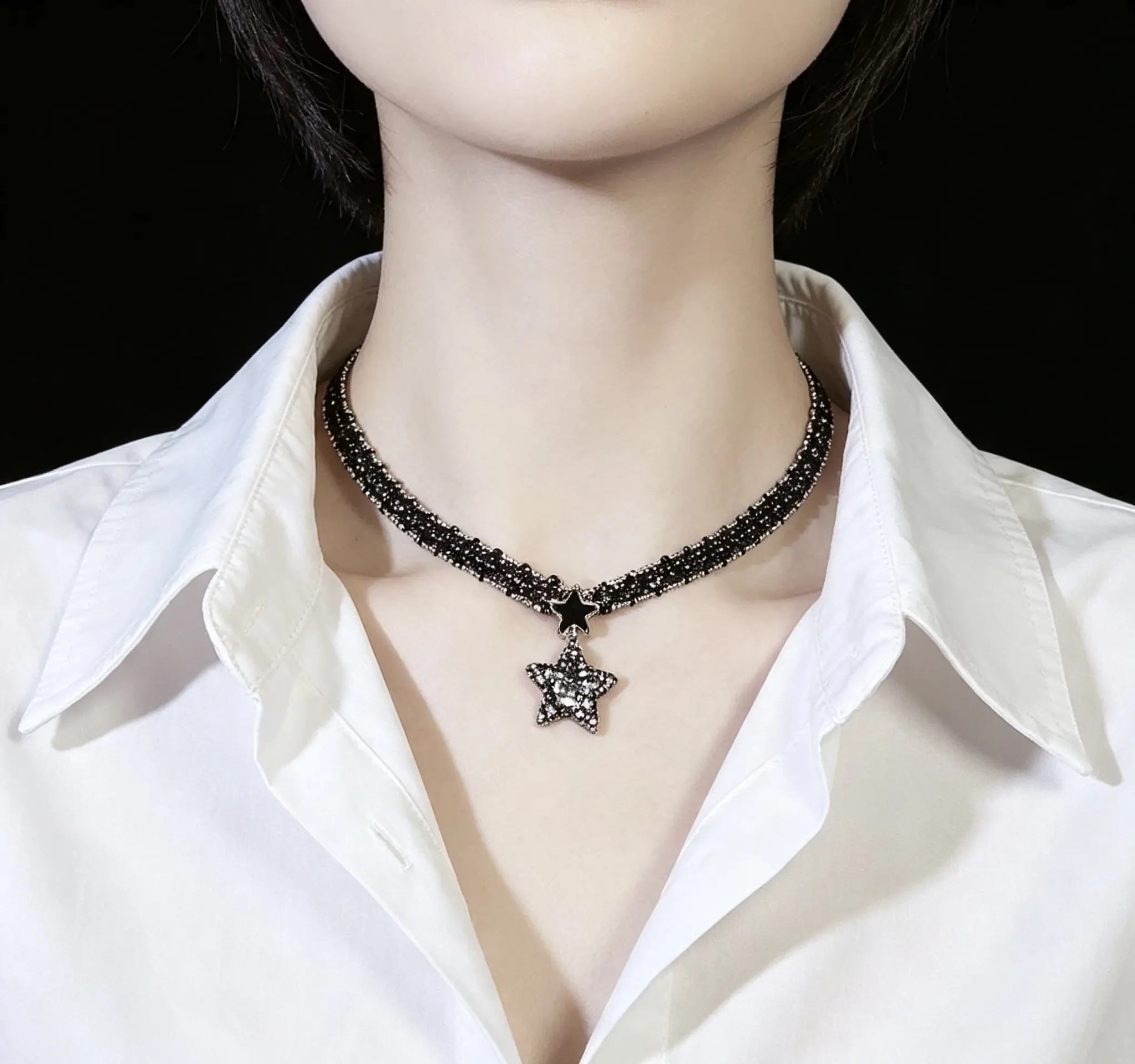 Unisex Edgy Star Pendant Necklace - Alloy Rhinestone, Sparkly Micro-Set Stones, Adjustable Choker, Gold-Tone Finish, Stackable Everyday Chic Jewelry, Chain Jewelry Necklaces
