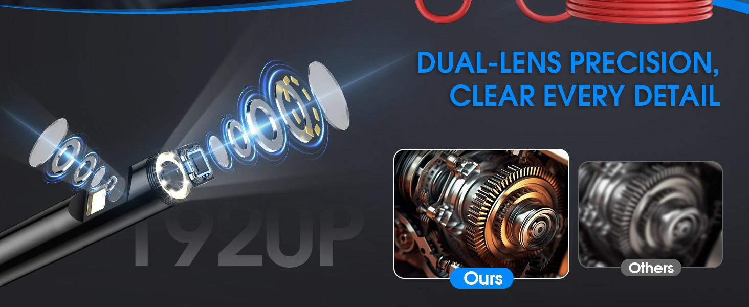 Endoscope with Light, 1920P HD Borescope with 8 LED Lights, 32.8FT Semi-Rigid Snake Camera, IP67 Waterproof Inspection Tool for iPhone & Android - Dual Lens (Red)