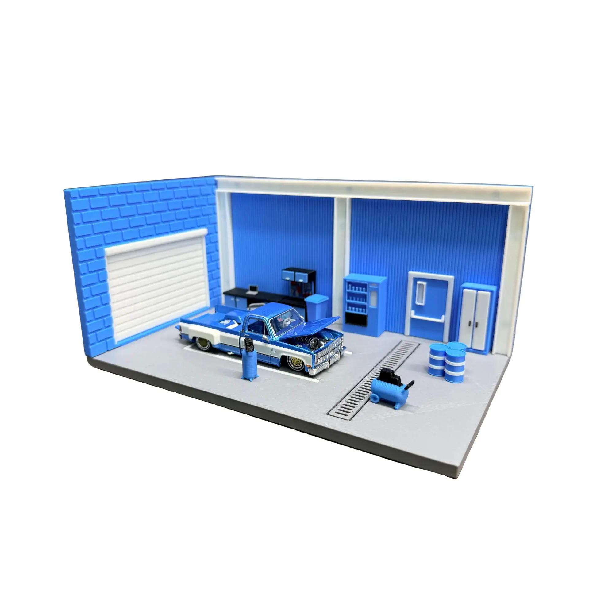 Blue and White 1:64 Miniature Garage Diorama Display Set for Model Cars, Workshop Scene Accessories, Car Not Included