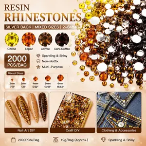 2000 Pcs/Package Resin Rhinestones Mixed 2-6mm  Citrine/Topaz/Coffee/Dark.Coffee Loose Flatback Rhinestones for Nail Art  Clothing Decoration Shoes Bags Cups Crafting DIY