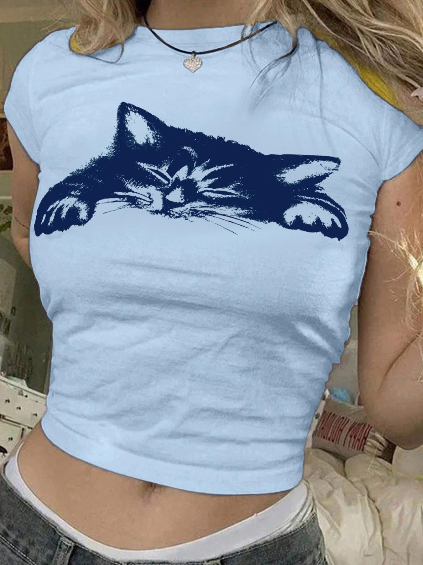 Women's Cat Print Round Neck Tee, Casual Slim-fitting Short Sleeve T-shirt for Daily Wear, Ladies Clothes for All Seasons, Casual Breathable Top