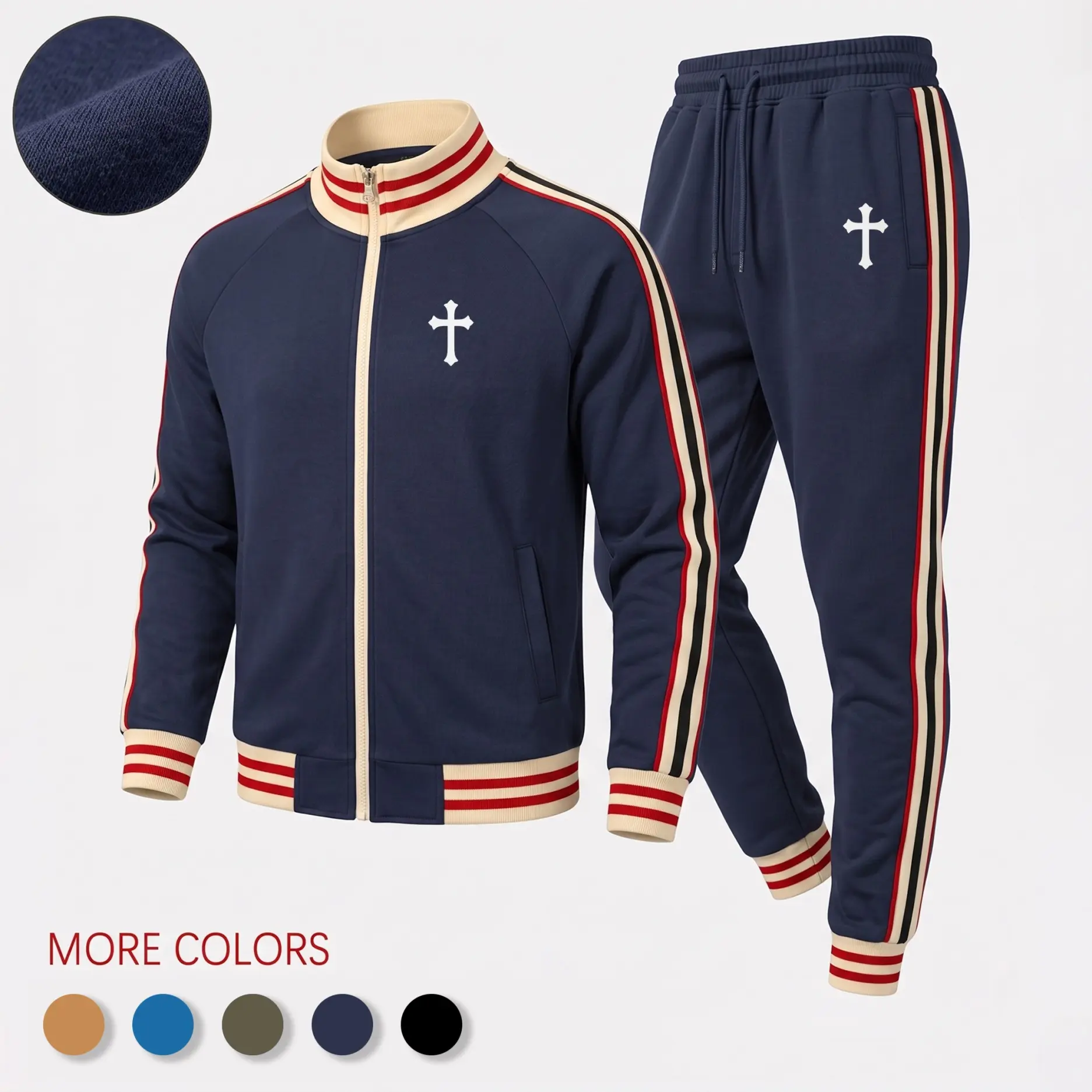 Men’s Cross Graphic Tracksuit Set, Retro Stripe Zip Stand Collar Jacket and Drawstring Jogger Pants, Casual Athletic Two-Piece Outfit for Streetwear, Travel, Workout and Daily Wear
