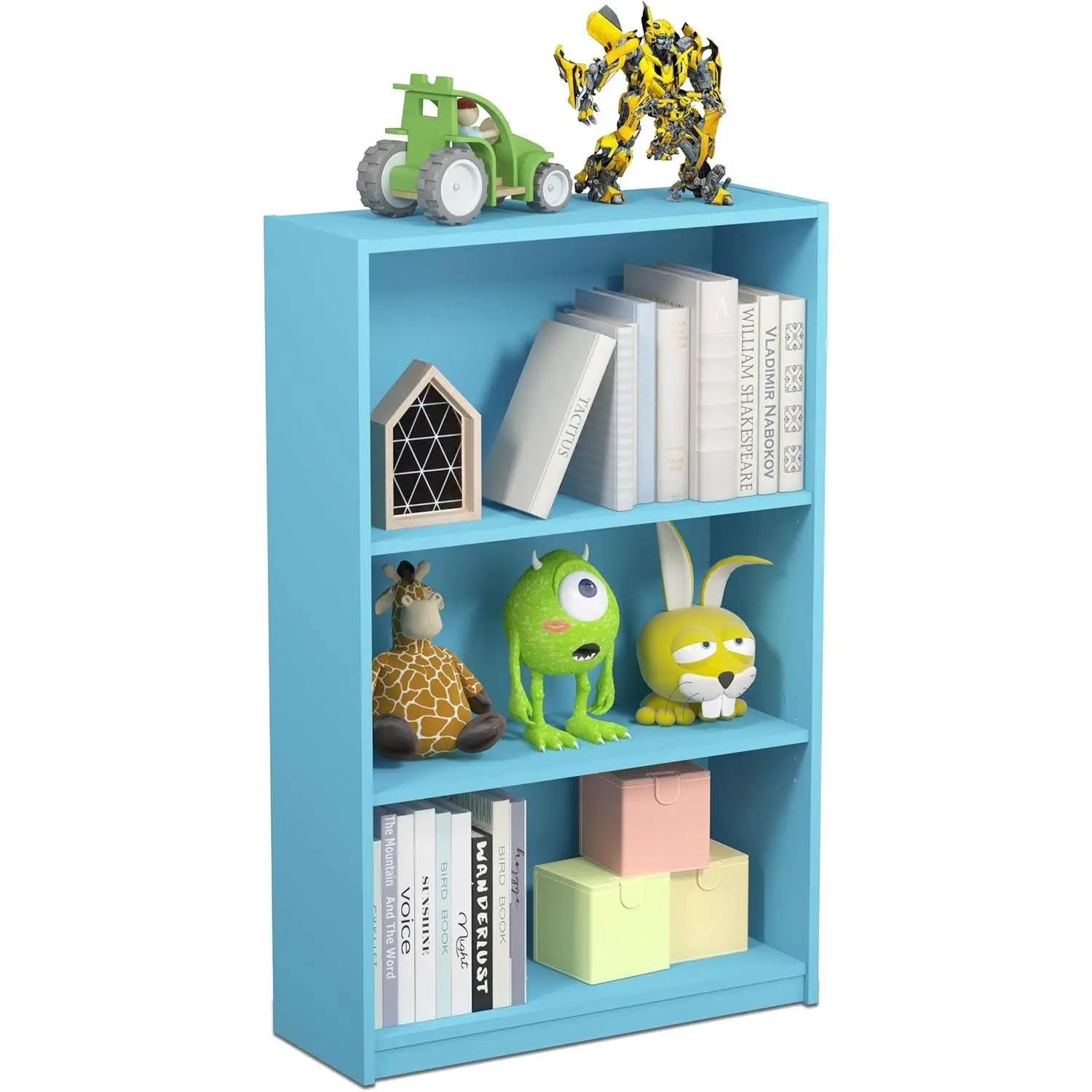 JAYA Book Shelf, 3-Tier Bookshelf, Bookcase with Adjustable Shelves, 9.5 x 24.5 x 40.3, for Organization and Storage, for Living Room, Bedroom, Home Office, Light Blue