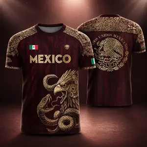 Mexico Soccer Jersey Men Women Aztec Eagle Serpent Graphic Shirt Mexican Flag Short Sleeve Sports Jersey Burgundy Gold Futbol Fan Shirt Game Day Outfit Streetwear Top Casual Mexico Pride Apparel