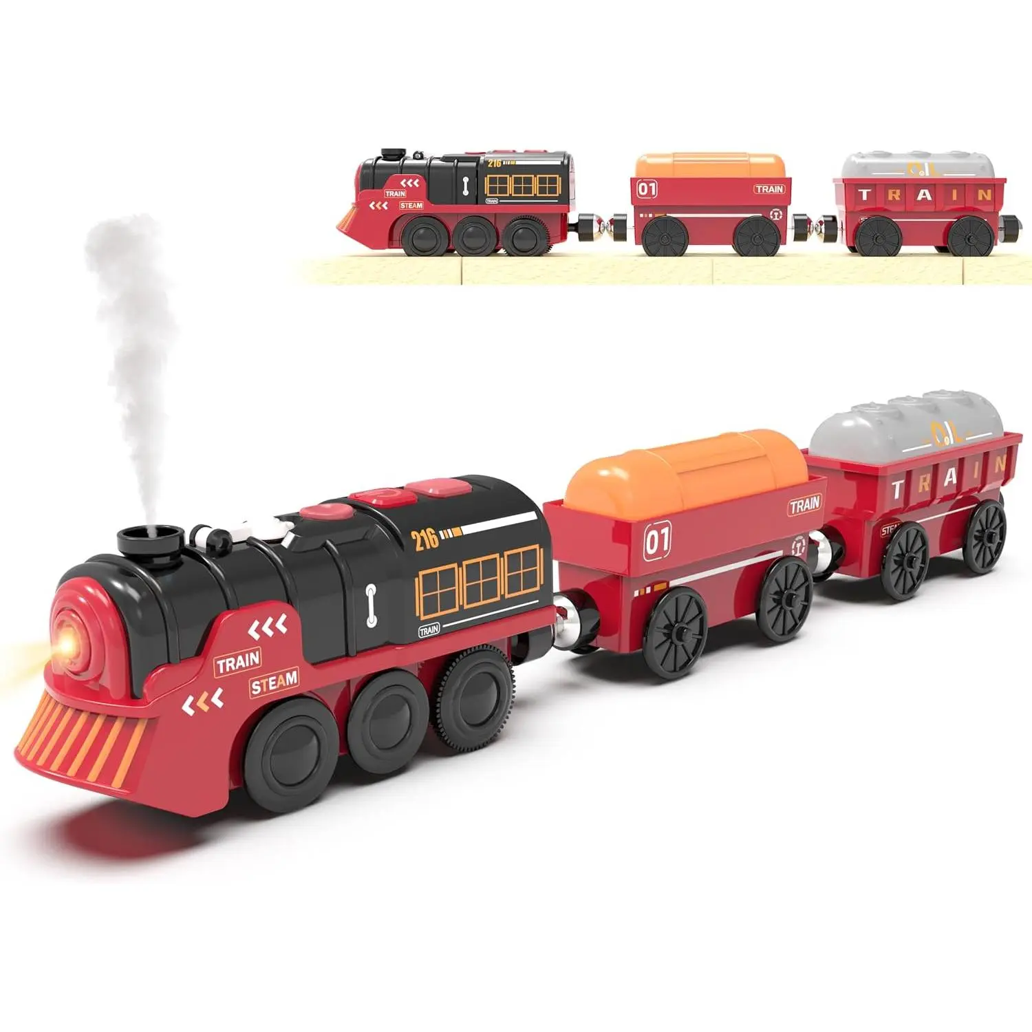 TOPLIVING Toy Train Electric Train Set for Wooden Tracks, Christmas Motorized Train Toys for Toddlers, Battery Operated Train Includes Lights, Sounds, Smoke, Steam Train Compatible with Thomas, Brio