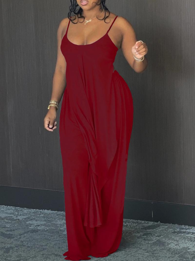 Women's Solid High Low Wide Leg Loungewear Set, Casual Sleeveless Spaghetti Strap Cami Top & Pants Pj Set, Women's Sleepwear for Summer