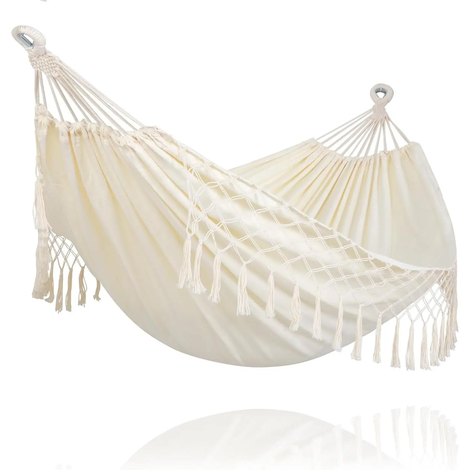 Hammocks Outdoor Camping Double Hammock with Tassel, 2 Person Hammock for Camping, Beige