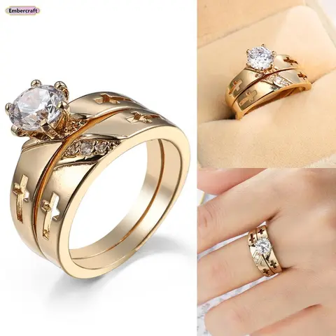 Unisex Minimalist Embercraft Polished Alloy Gold-Plated Prong-Set Cubic Zirconia Cross Ring - Standard Sizes, Lightweight, Dainty, Sparkly Faith Symbol, Bling Effect, Ring Stack Compatible, Couples Gifts for Anniversary/Birthday, Daily Elegance Jewelry