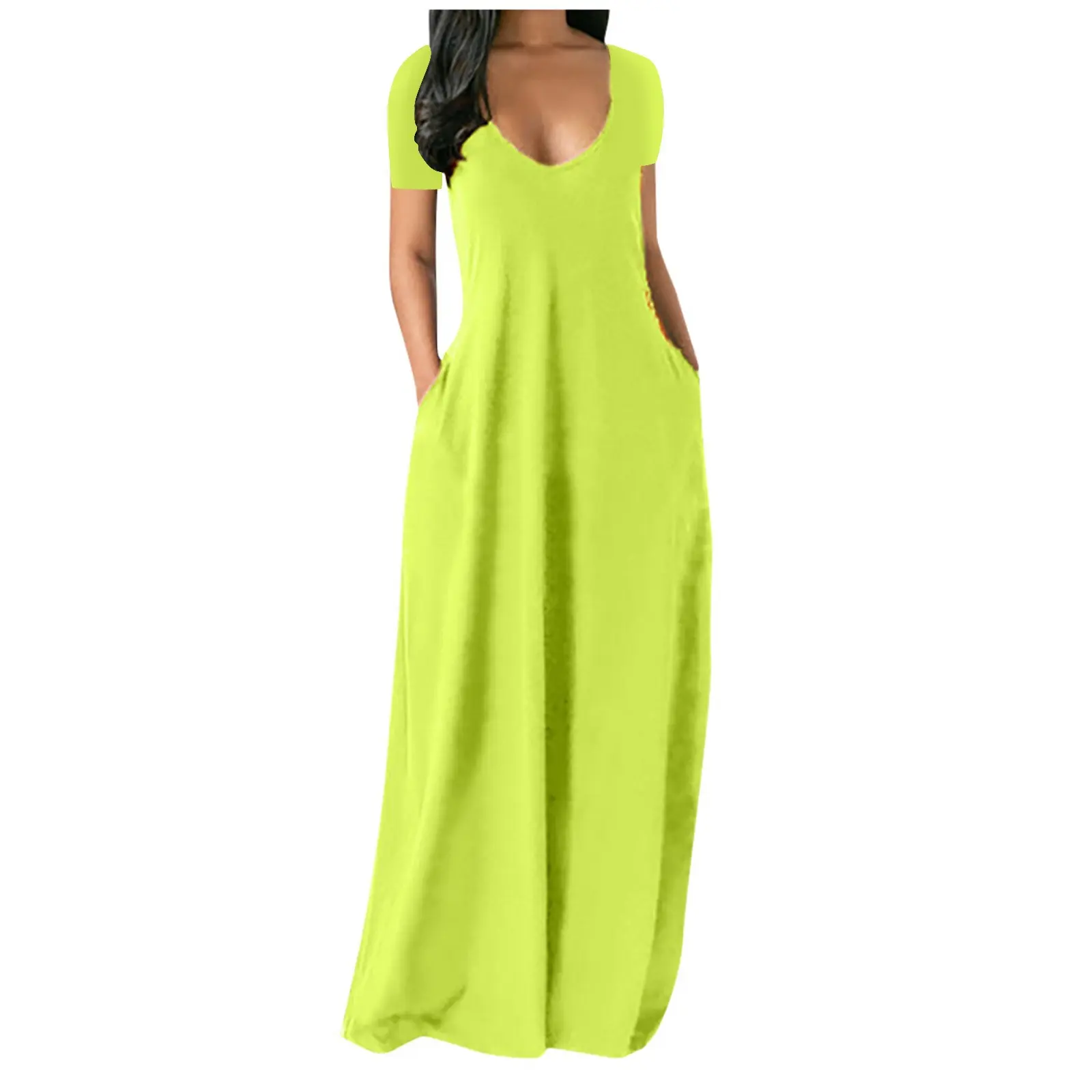 Women's 2026 Plus Size Elegant Solid Color Deep V-Neck Short Sleeve Long Dress with Pockets, Summer Casual Evening Party Gown, Shortsleeve