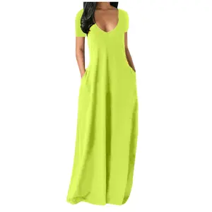 Women's 2026 Plus Size Elegant Solid Color Deep V-Neck Short Sleeve Long Dress with Pockets, Summer Casual Evening Party Gown, Shortsleeve