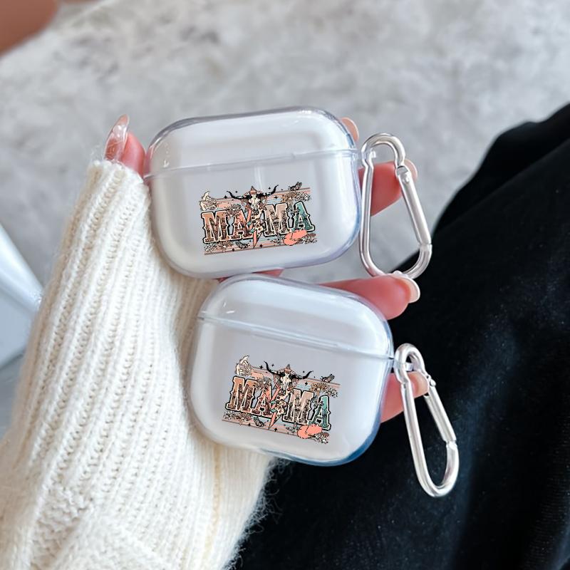 Cowboy Mama Art Pattern TPU Soft Protective Case for Apple AirPods 4/3/2/1/Pro/Pro2 Transparent Earphone Cover with Keychain Attachment