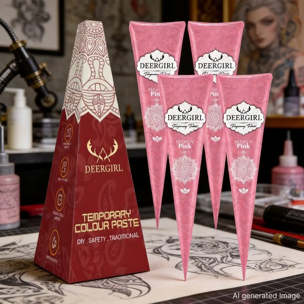 DEERGIRL Pink Henna Tattoo Paste Cones, 4Pcs Cosmetic Temporary Tattoo Color Paste, Natural Safe DIY Body Art Mehndi Cone for Wedding Festival Temporary Skin Tattoo Sticker, Long Lasting Waterproof Henna Kit