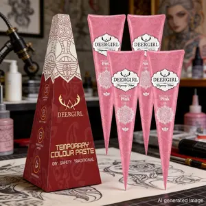 DEERGIRL Pink Henna Tattoo Paste Cones, 4Pcs Temporary Tattoo Color Paste, Natural Safe DIY Body Art Mehndi Cone for Wedding Festival Temporary Skin Tattoo Sticker, Long Lasting Waterproof Henna Kit