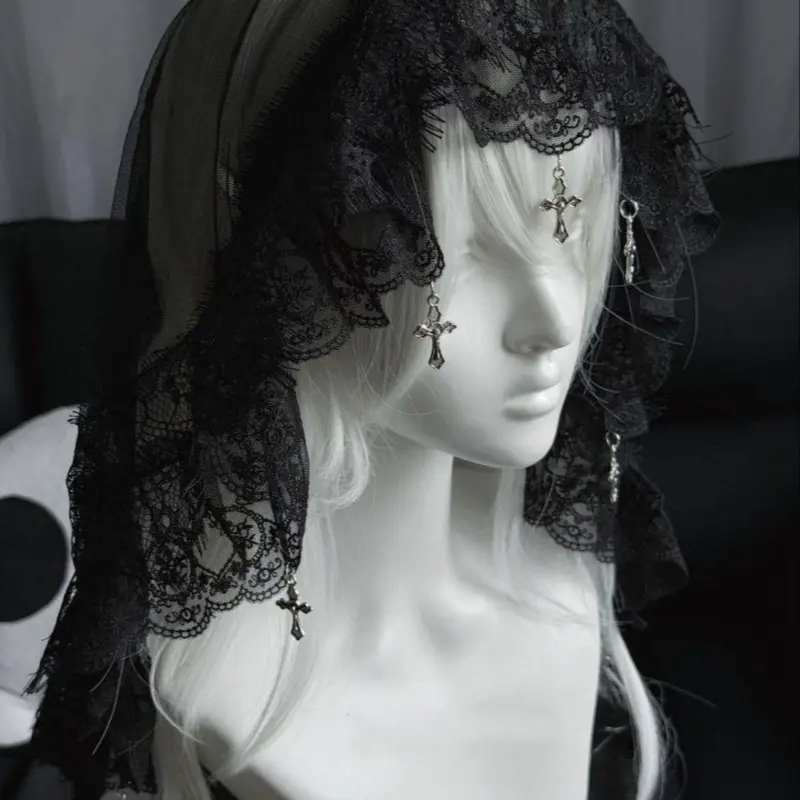 Gothic Lolita Cross Pendant Lace Veil, Vintage Nun Headscarf, Dark Halloween Photo Prop, Gothic Fashion Accessory, Retro Style, Shawl Wrap