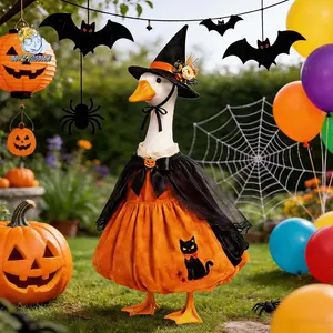 Elegant Pumpkin Witch Goose Outfit 23-Inch Porch Goose Black Cat Dress with Matching Hat for Party Garden