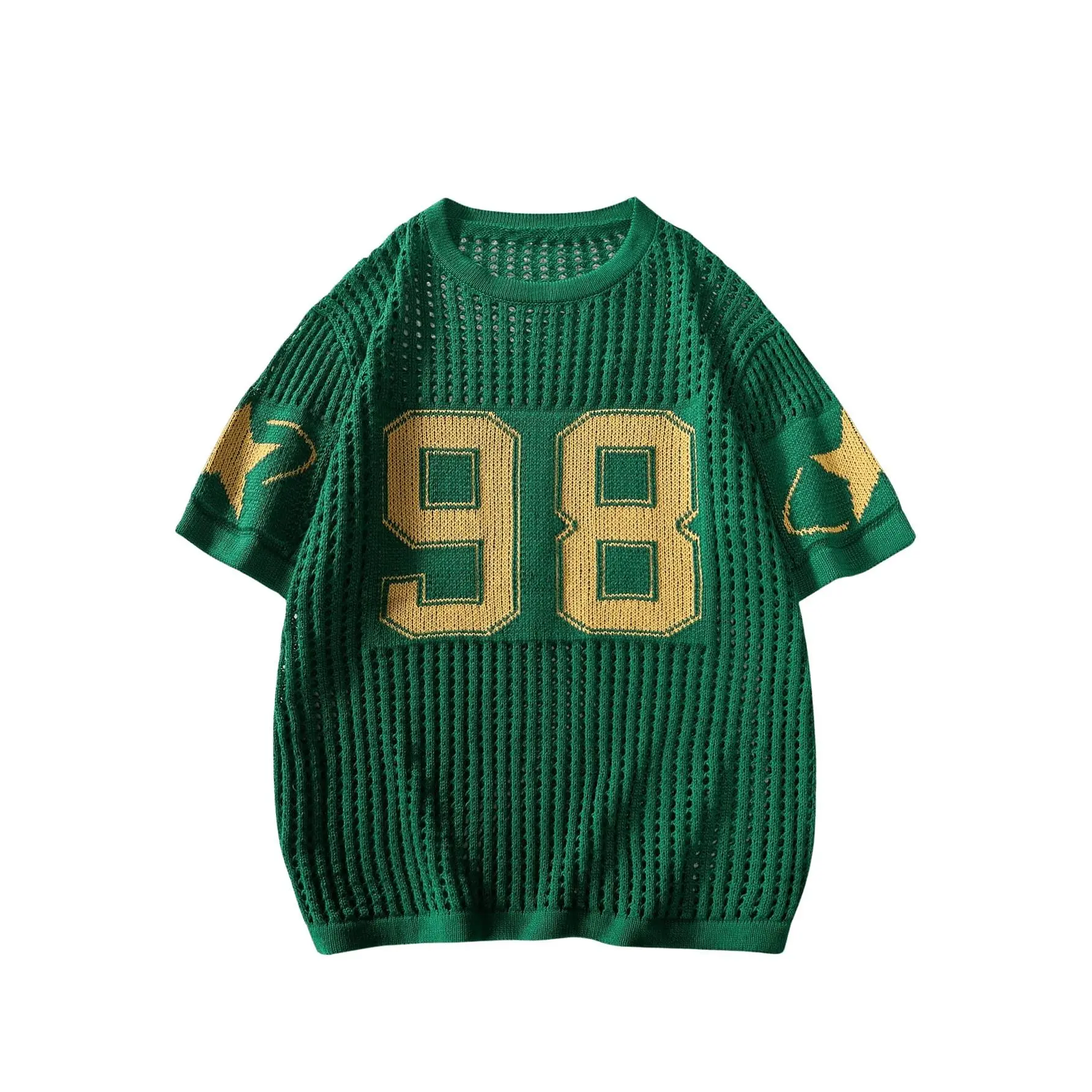 Y2K Jersey Shirts Oversized Number Crochet Hollow Out Jersey Tee Sweater Crew Neck Short Sleeve Knit T Shirts