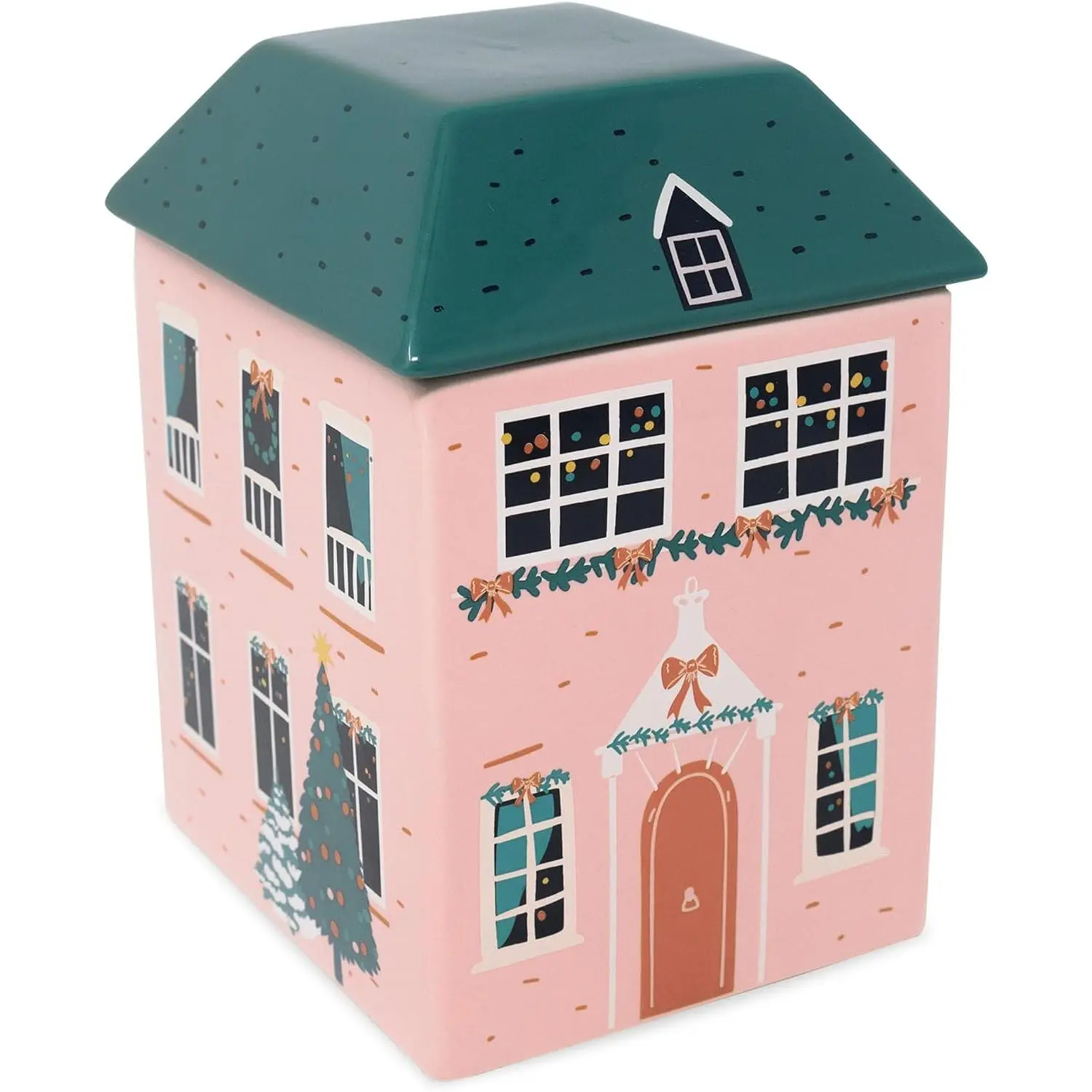Ceramic Holiday Cottage-Shaped Cookie Jar Canister, 7" Tall Christmas House Design Kitchen Storage & Décor with Removable Roof Lid