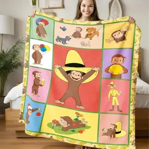 Curious George Grid Banana Border Cartoon Monkey Flannel Throw Blanket, Ultra Soft Lightweight Cozy Warm All Season Kids Blanket for Sofa Bed Travel Camping Living Room Office Chair, Cute Cartoon Kids Room Decor Fan Gift for Birthday Christmas Movie Night