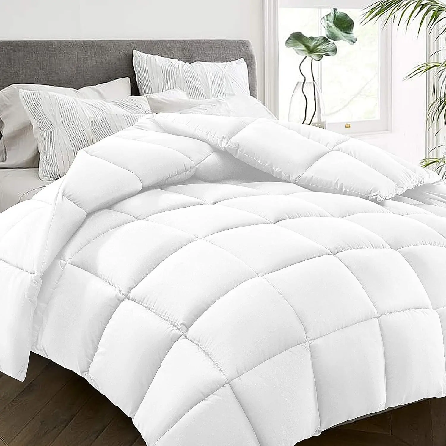 All Season Queen Size Bed Comforter - Cooling Goose Down Alternative Quilted Duvet Insert with Corner Tabs - Winter Warm - Machine Washable - White