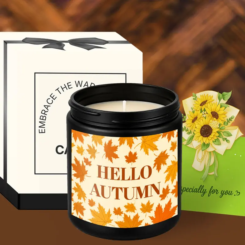 Hello Autumn Orange Maple Leaf Pattern 1Pc Scented Candle, Cozy Fall Season Typography Candle, Warm Autumn Home Decor for Living Room, Kitchen and Bedroom, Thoughtful Thanksgiving, Housewarming and Fall Birthday Gift