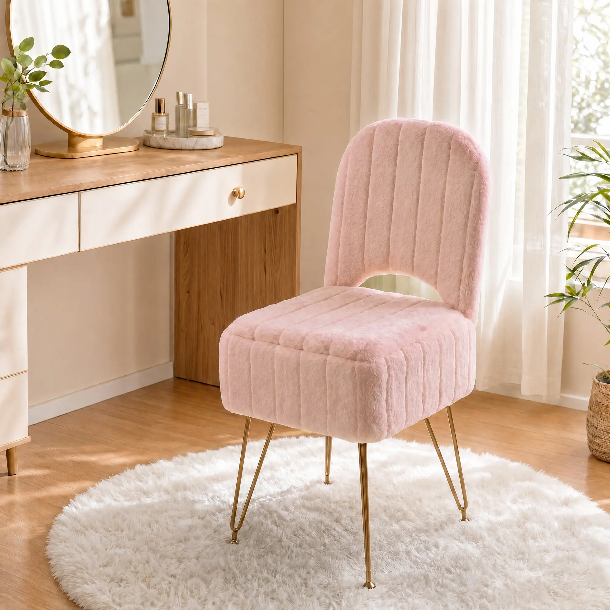 Vanity Stool Chair with Backrest, Modern Style Square Ottoman with Hidden Storage Compartment, Soft Faux Fur Fabric,  for Bedroom Living Room