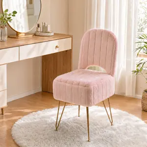 Vanity Stool Chair with Backrest, Modern Style Square Ottoman with Hidden Storage Compartment, Soft Faux Fur Fabric,  for Bedroom Living Room
