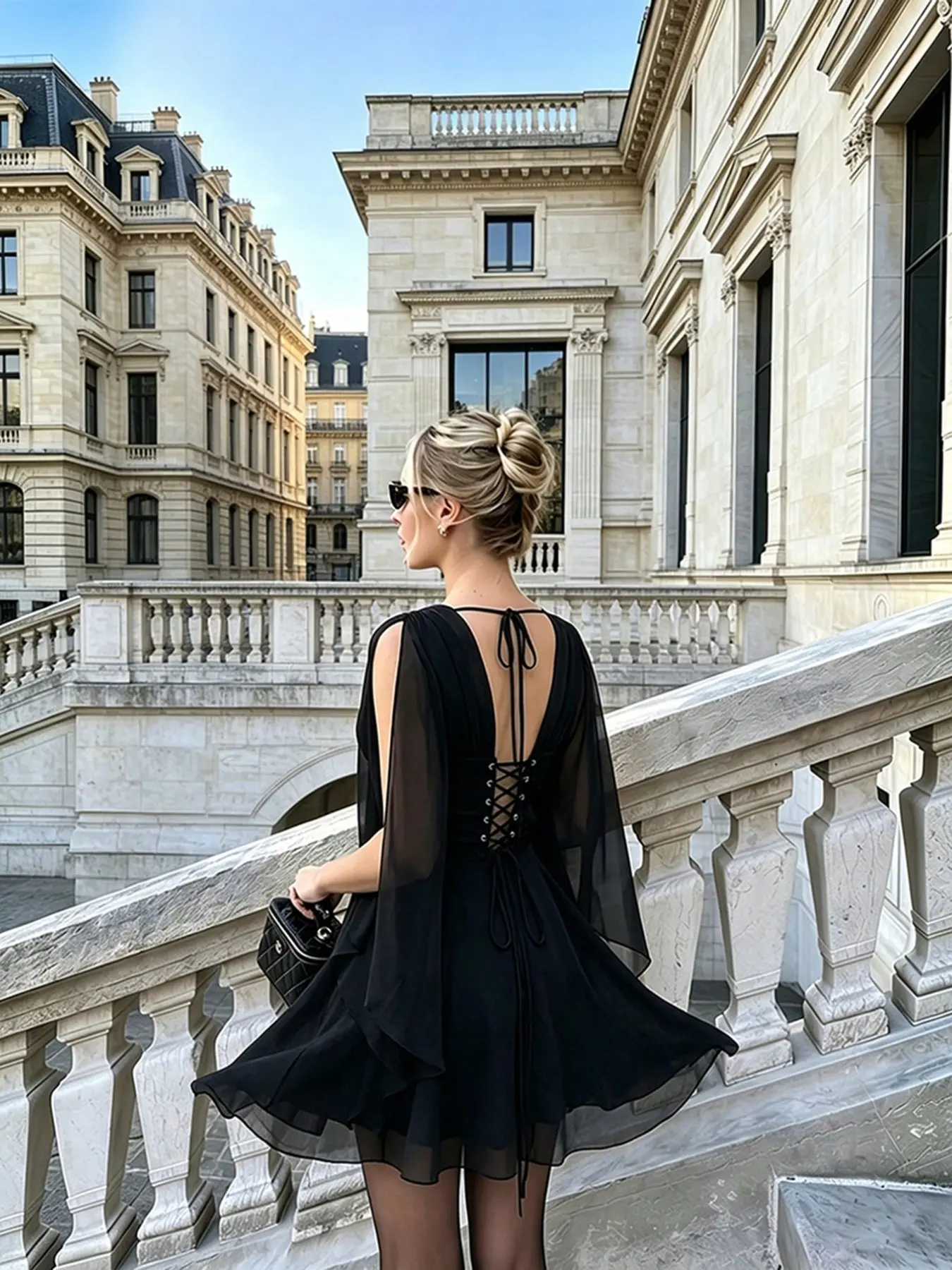 Women's Chiffon Cape Sleeve Corset Mini Dress, V‑Neck Lace‑Up Back A‑Line Party Gown