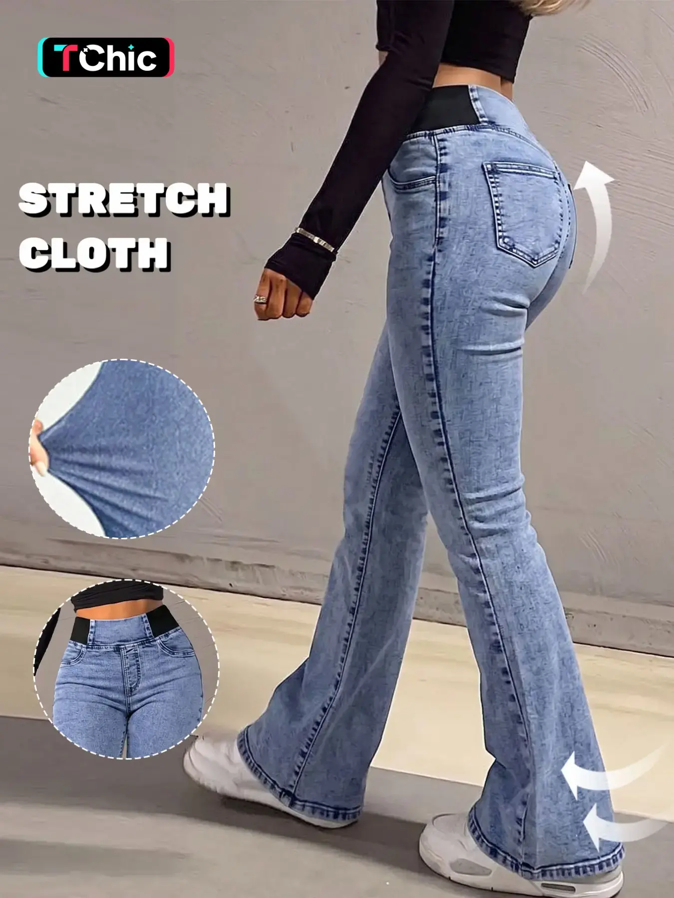 GILIPUR Women's Solid Color Washed High Waist Elastic Waistband Flare Jeans, Slim Fit Tummy Control High Stretch Bell Bottom Denim Pants with Pockets, Casual Vintage Streetwear Daily Commute Vacation Outfits for Women TChic Flared