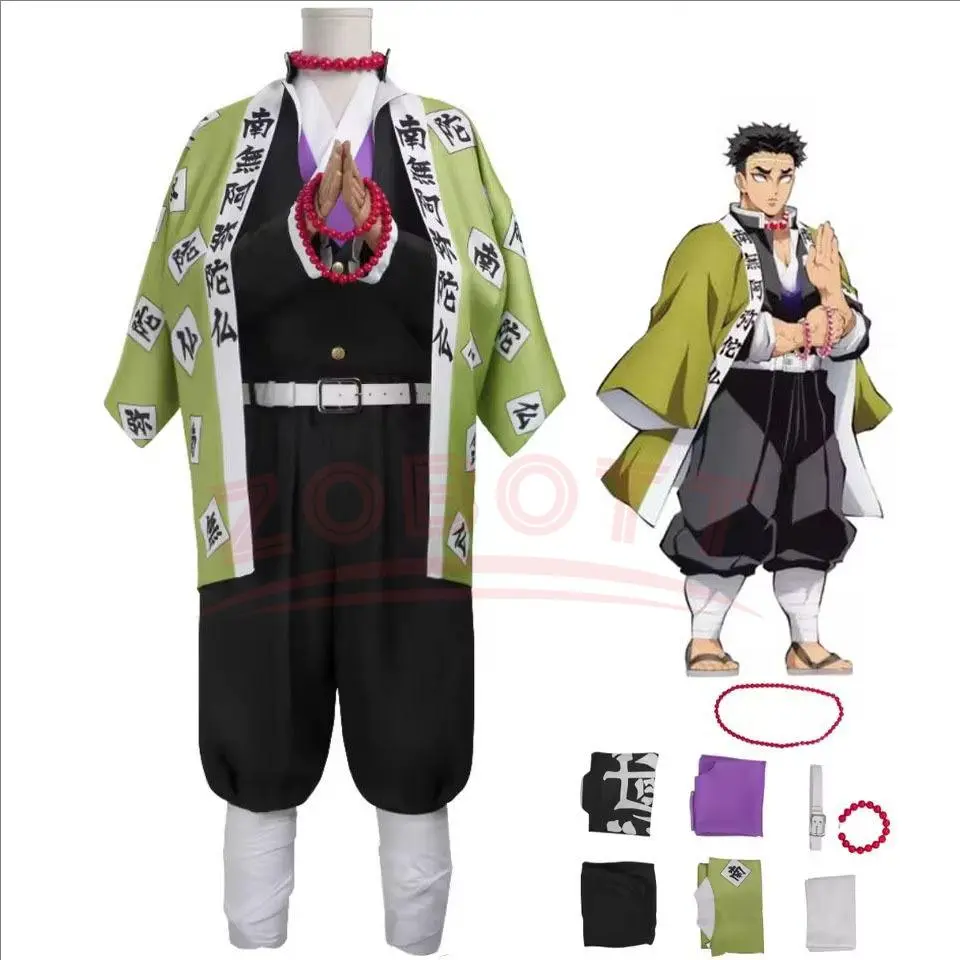 Anime Himejima Gyomei Monk Look Cosplay Full Set Clothes, Printed Fabric Long Coat, Outer Drape, Team Uniform, Bracelets for Men’s Halloween Carnival Parties