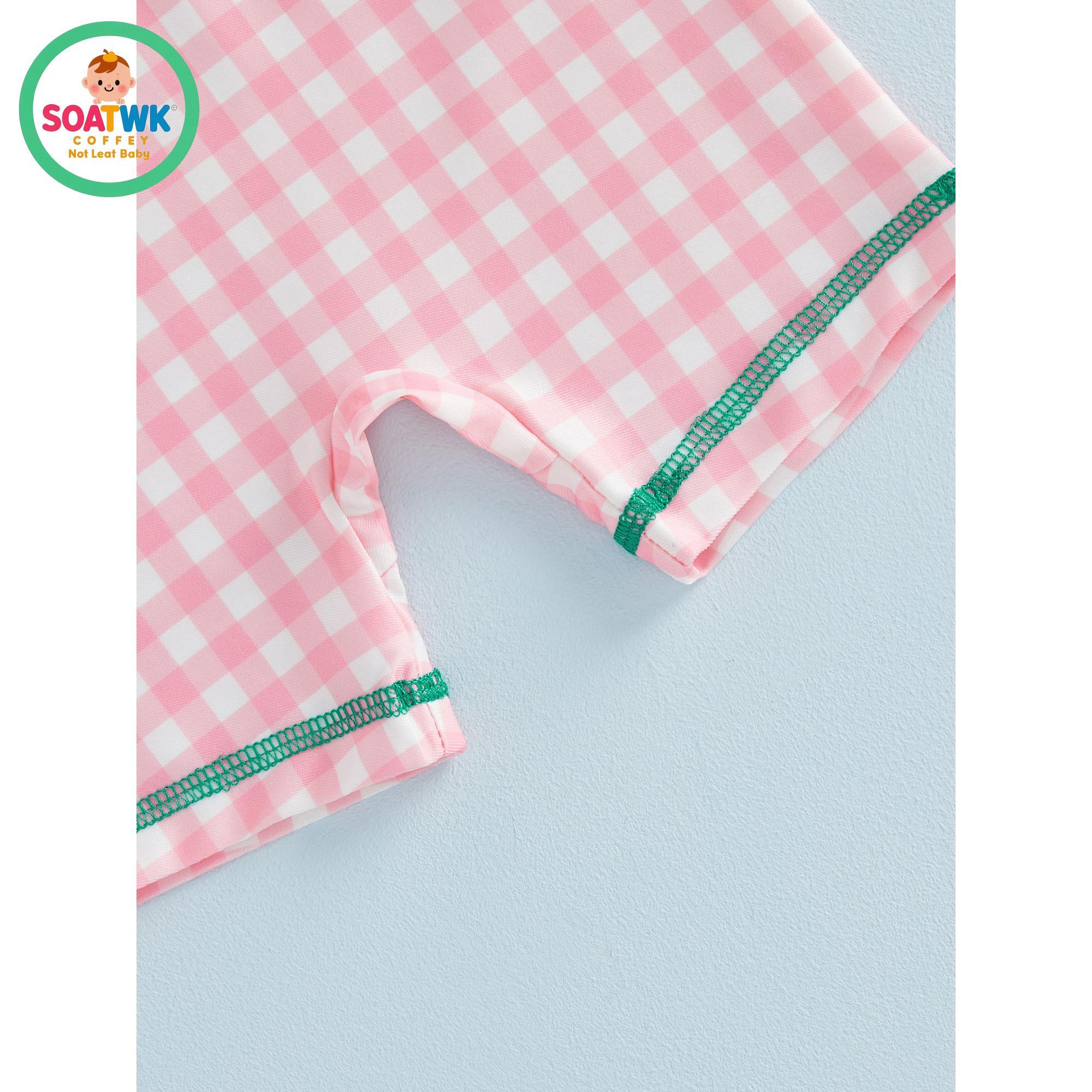 Toddler Girls Rash Guard Swimsuit Playsuits Strawberry Embroidery Plaid Print Long Sleeve Baby Bathing Suit with Sun Hat