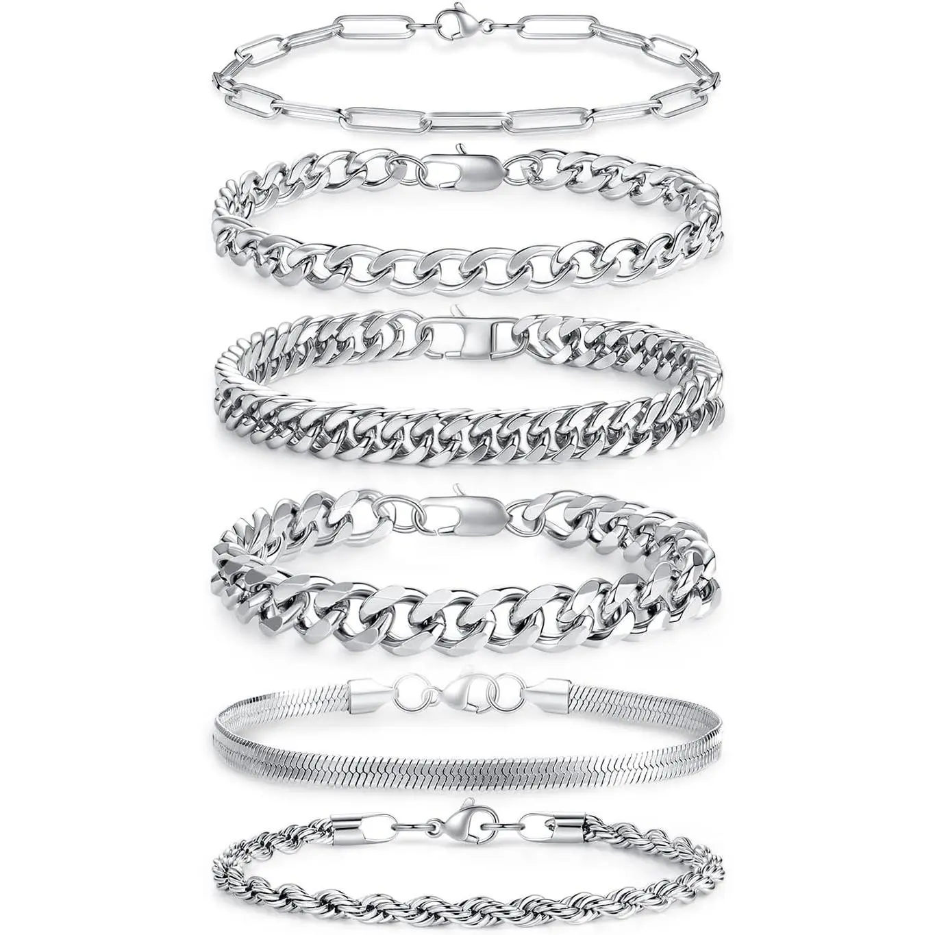 6 count Stainless Steel Bracelets for Men Cuban Link Rope Paperclip Chain Bracelets Set 7.5/8.3/9 inches Mens  Bracelet