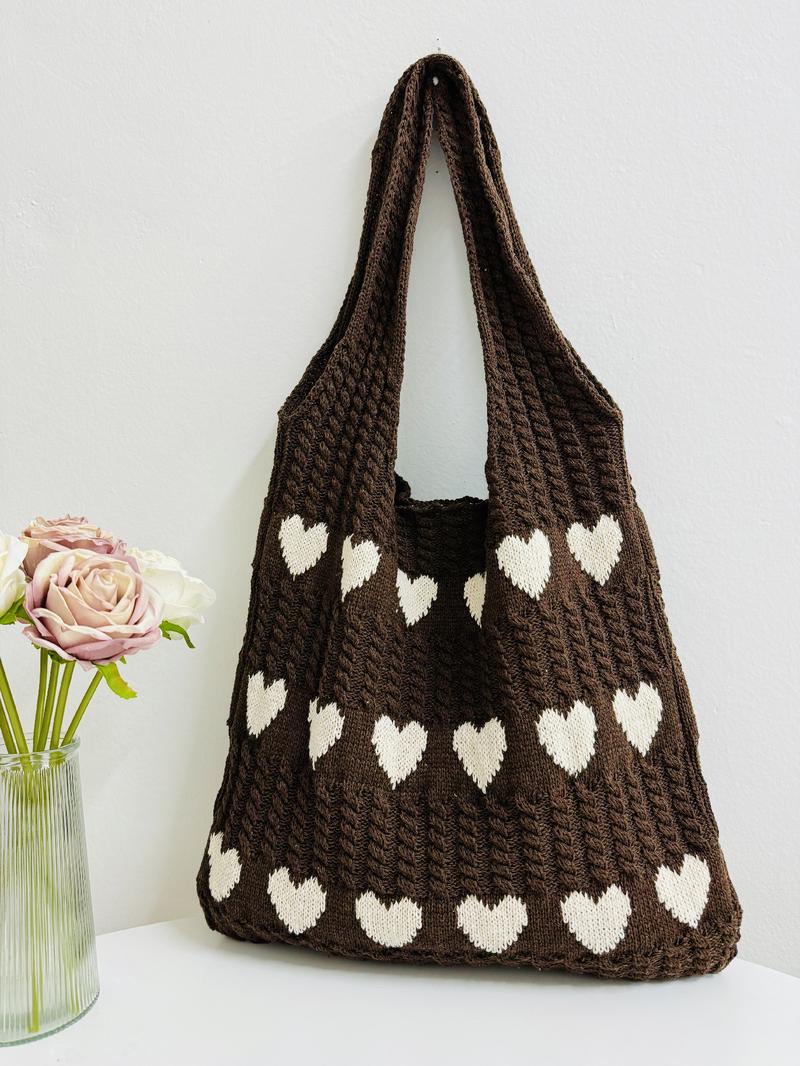 Heart Pattern Crochet Summer Tote Bag for Women, Summer 2024 Large Everything Tote Bag, Large Beach Bags, Trendy High Quality Everyday Shoulder Bag for Daily