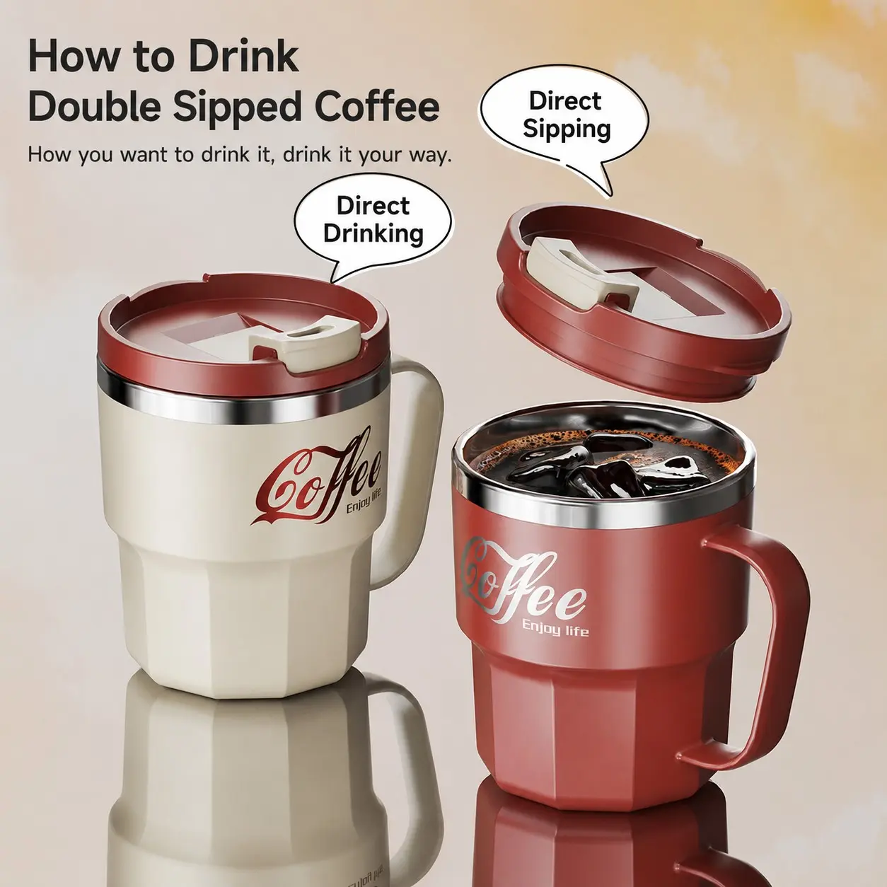 304 Stainless Steel Portable Coffee Cup with Handle and Lid, Dual Layer Design, Leak-Proof Travel Mug, Ideal for Office and Home Use