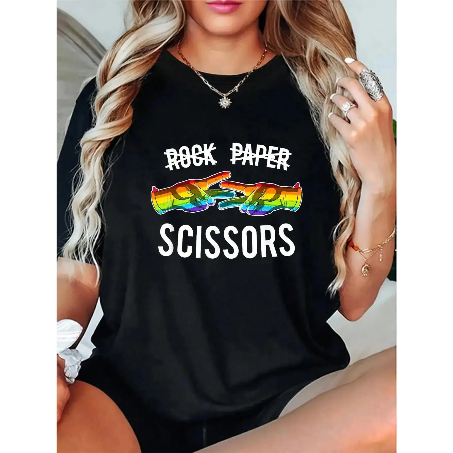 Women's Sports Top, Casual Cotton T-Shirt with Lesbian Pride Rainbow Design for Everyday Streetwear Style, Rock Paper Scissors