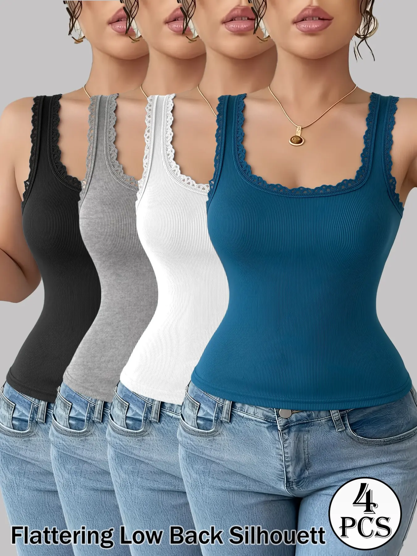 🔥 4-Pack: Lace-Trimmed, Open-Back Camisoles! Casual Sleeveless Cami Perfect for Dates, Casual & Everyday Wear! A Cute and Sexy Square-Neck Ribbed Top.
